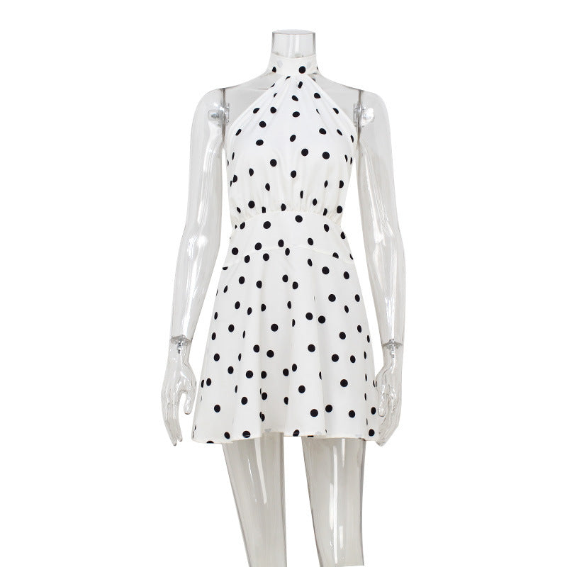 Summer Sexy Wind Sleeveless Lace up Halterneck Backless High Waist A line Slimming Polka Dot Printed All Matching Dress