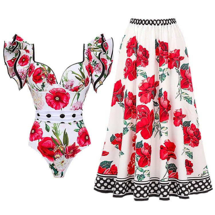 Spring Sexy Swimsuit Women Conservative Warm Printed Swimsuit Wrap Skirt Set
