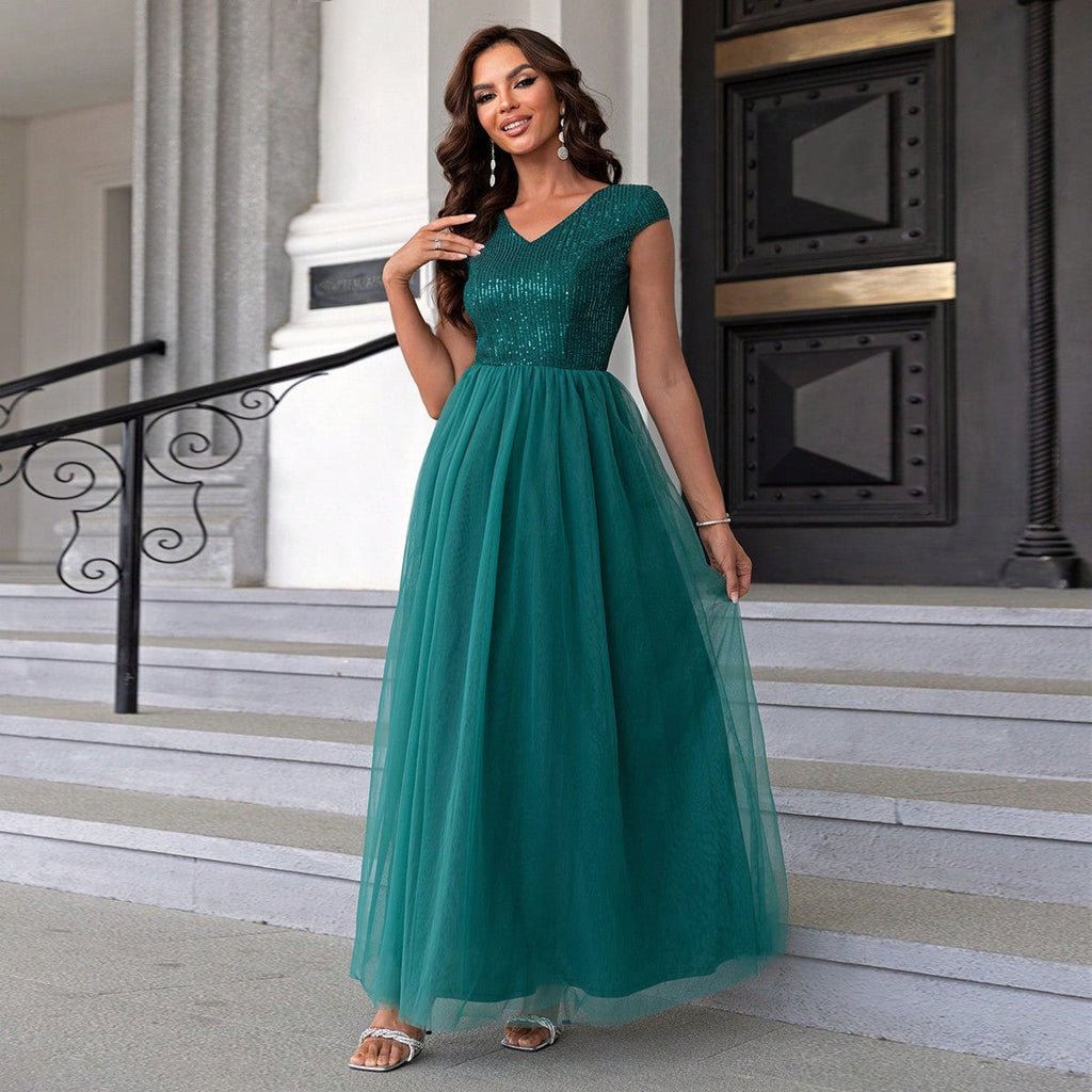 Sexy Women Contrast Color Sequined Mesh Cloth Covered Formal Dress