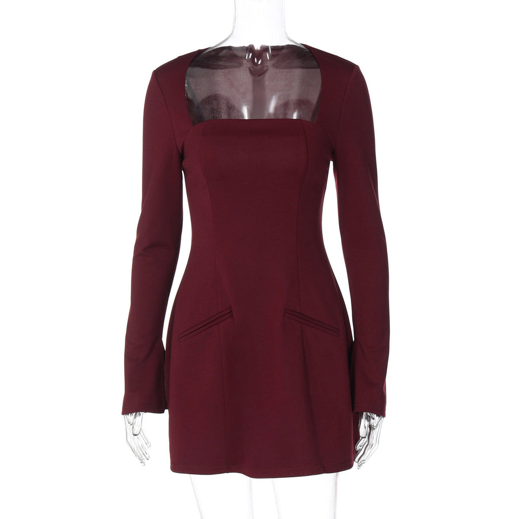 Women Autumn French Solid Color Square Collar Long Sleeve Tight Waist Slimming Tight Sheath Dress