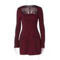 Women Autumn French Solid Color Square Collar Long Sleeve Tight Waist Slimming Tight Sheath Dress