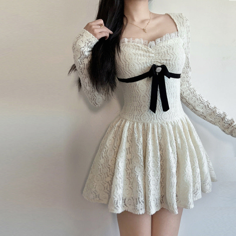 Lace Stitching Bow Waist Tight A line Dress Women Autumn Sexy Little Short Dress