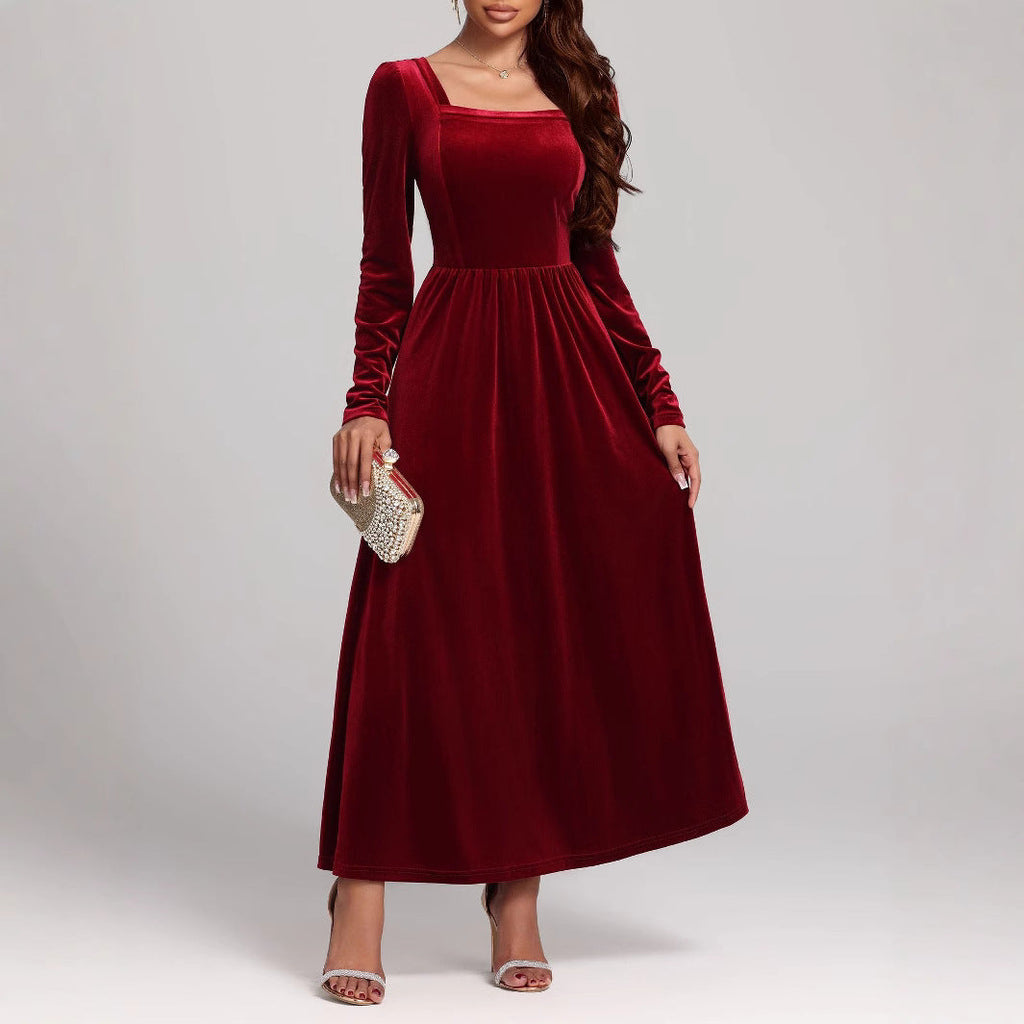 Autumn Winter Red Evening Maxi Dress Pleuche Dress