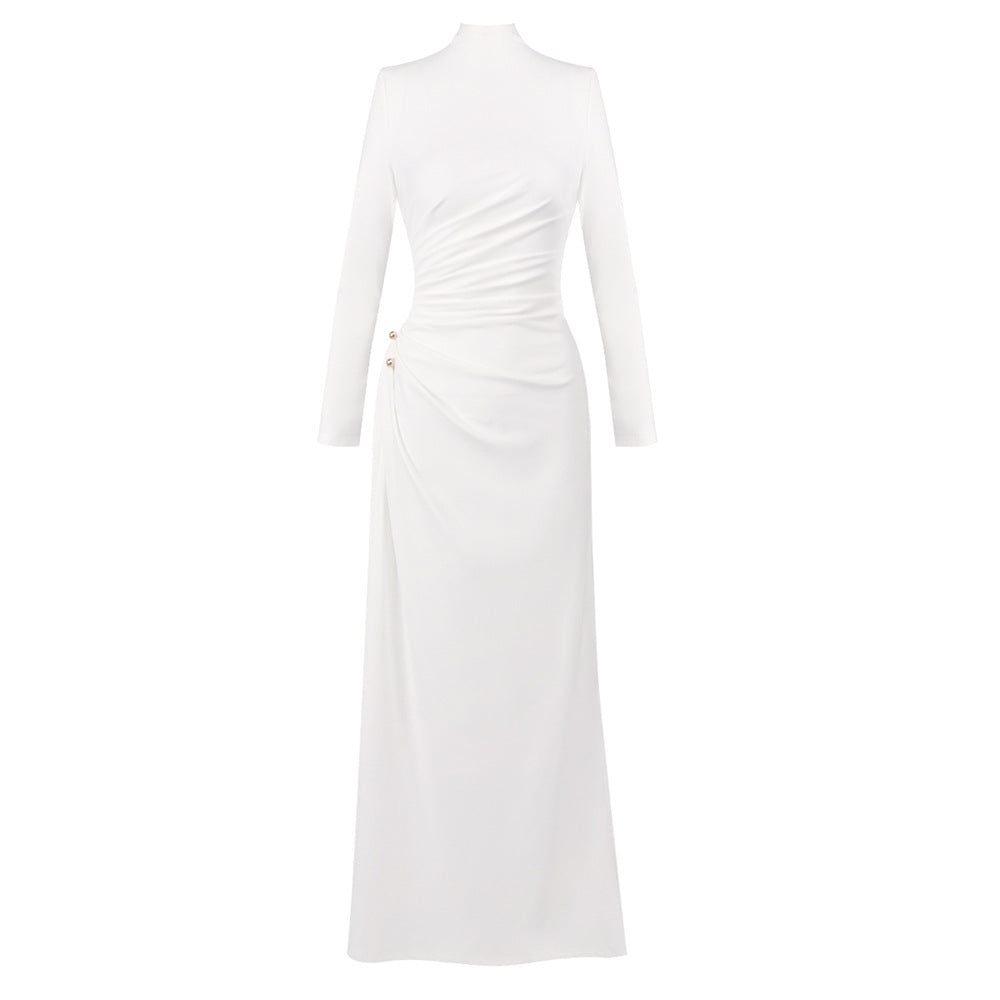 Autumn Winter Women White Sexy Long Sleeved Metal Double Ball High Slit Dress for Women