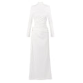Autumn Winter Women White Sexy Long Sleeved Metal Double Ball High Slit Dress for Women