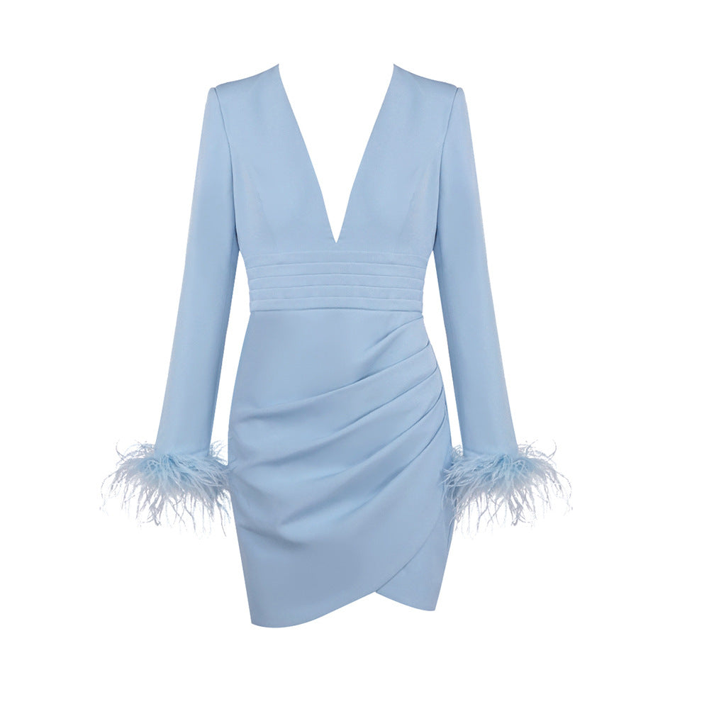 Light Blue Deep V Plunge Feather Sleeve Business Blazers Dress Tight Waist Slim Sexy Sheath Dress
