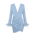 Light Blue Deep V Plunge Feather Sleeve Business Blazers Dress Tight Waist Slim Sexy Sheath Dress