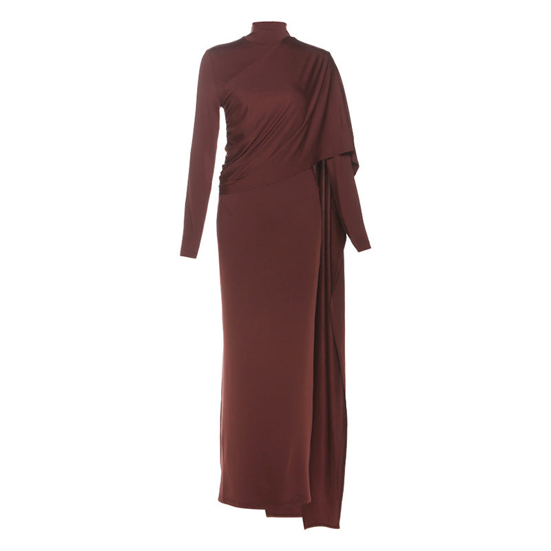 Women Wear Autumn Solid Color Elegant Lady Turtleneck Long Sleeve Tight Waist Sheath Ribbon Dress