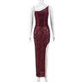 Women Clothing Mesh Flocking Spring Backless Lace up Diagonal Collar Sexy Sling Dress
