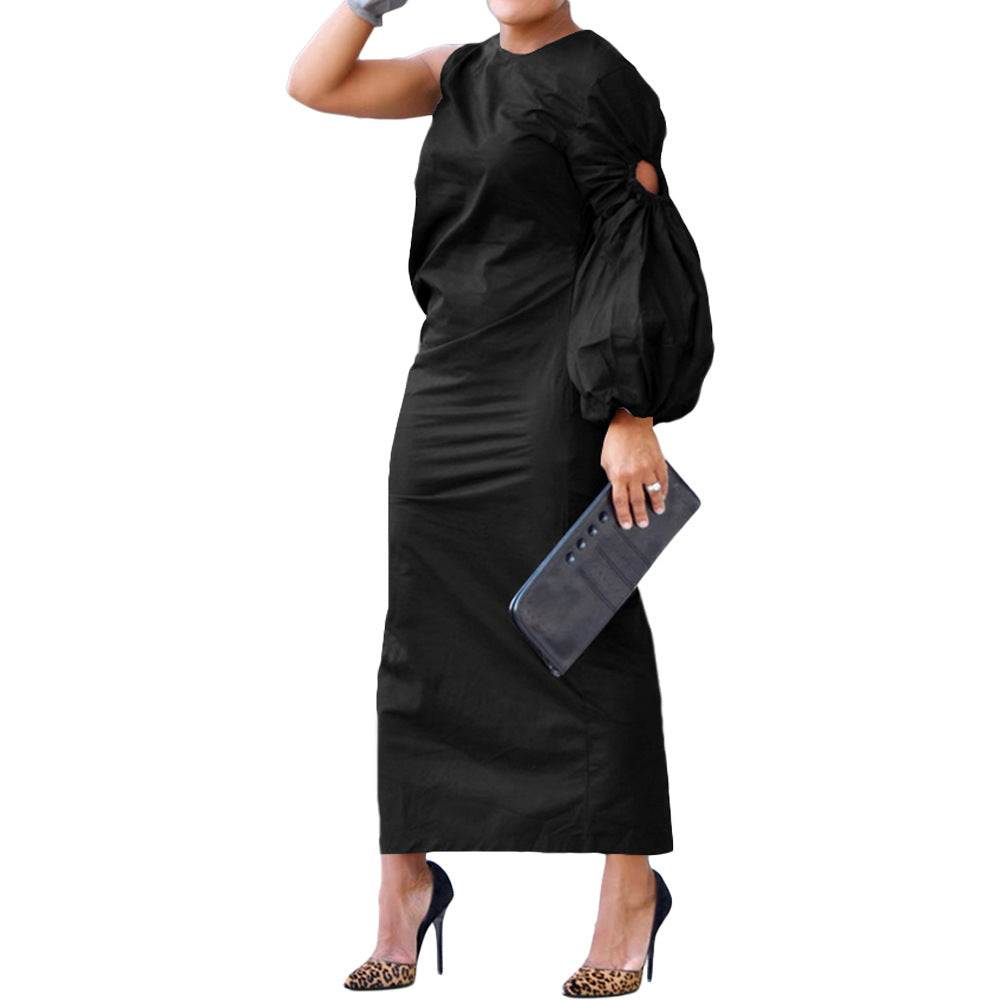 Women Clothing Autumn Solid Color Single Sleeve Hollow Out Cutout out Side Slit Dress