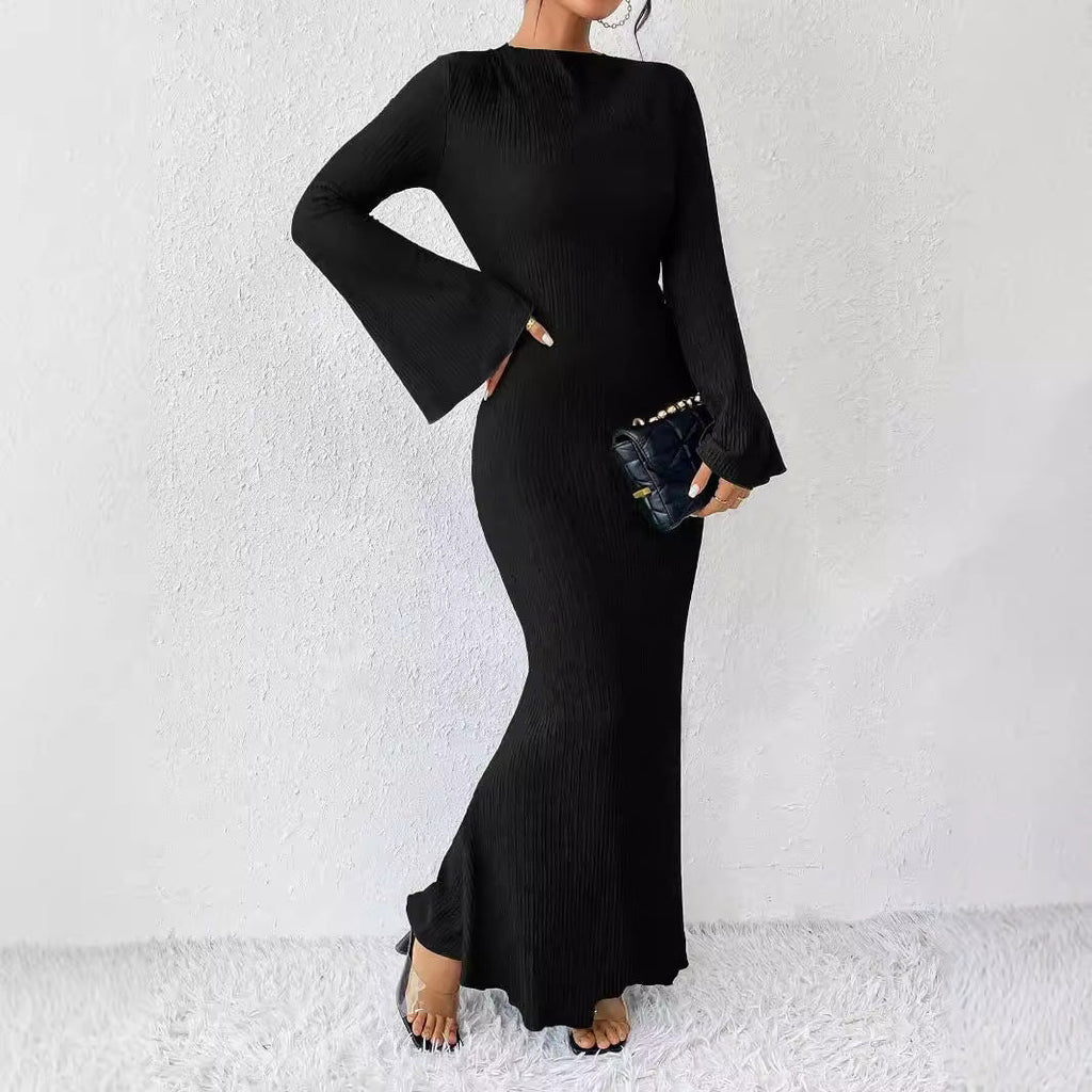 Autumn Winter Women Clothing round Neck Flared Long Sleeve Slim Sheath Dress Women