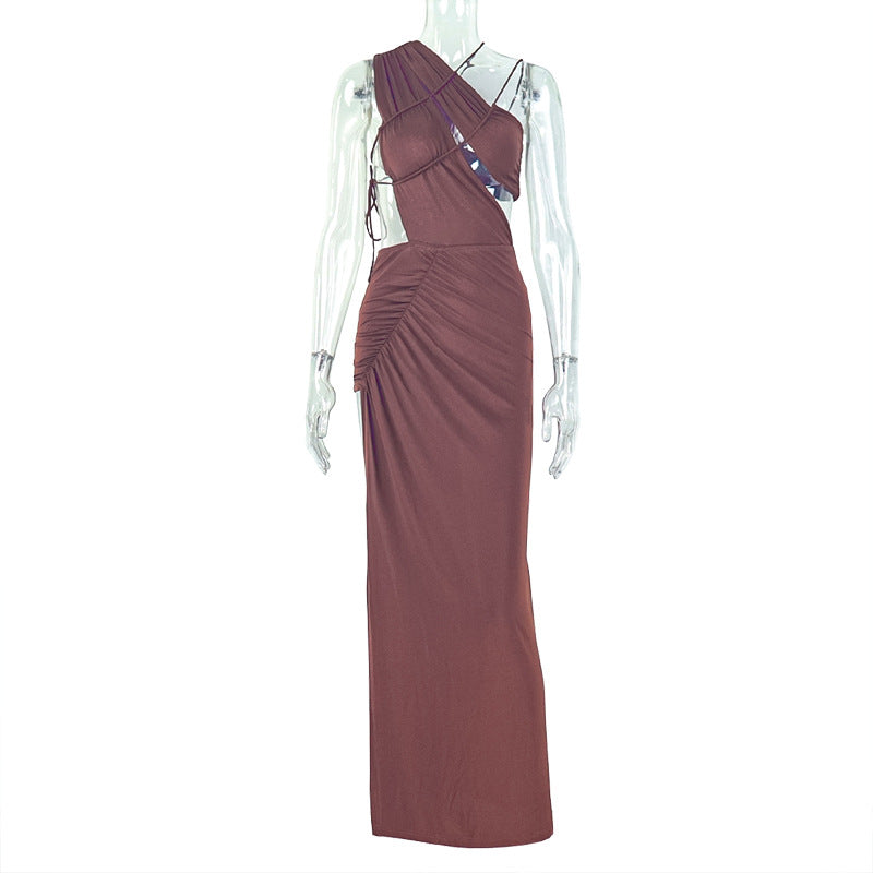 Slim Fit Backless Split Asymmetric Turtleneck Maxi Dress Sexy Elegant Women Solid Color Evening Dress