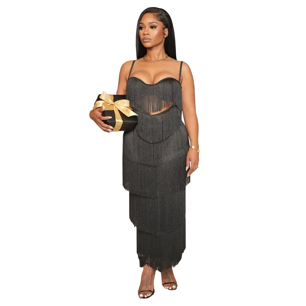 Women Wear Sexy Strap Backless Tassel Maxi Dress