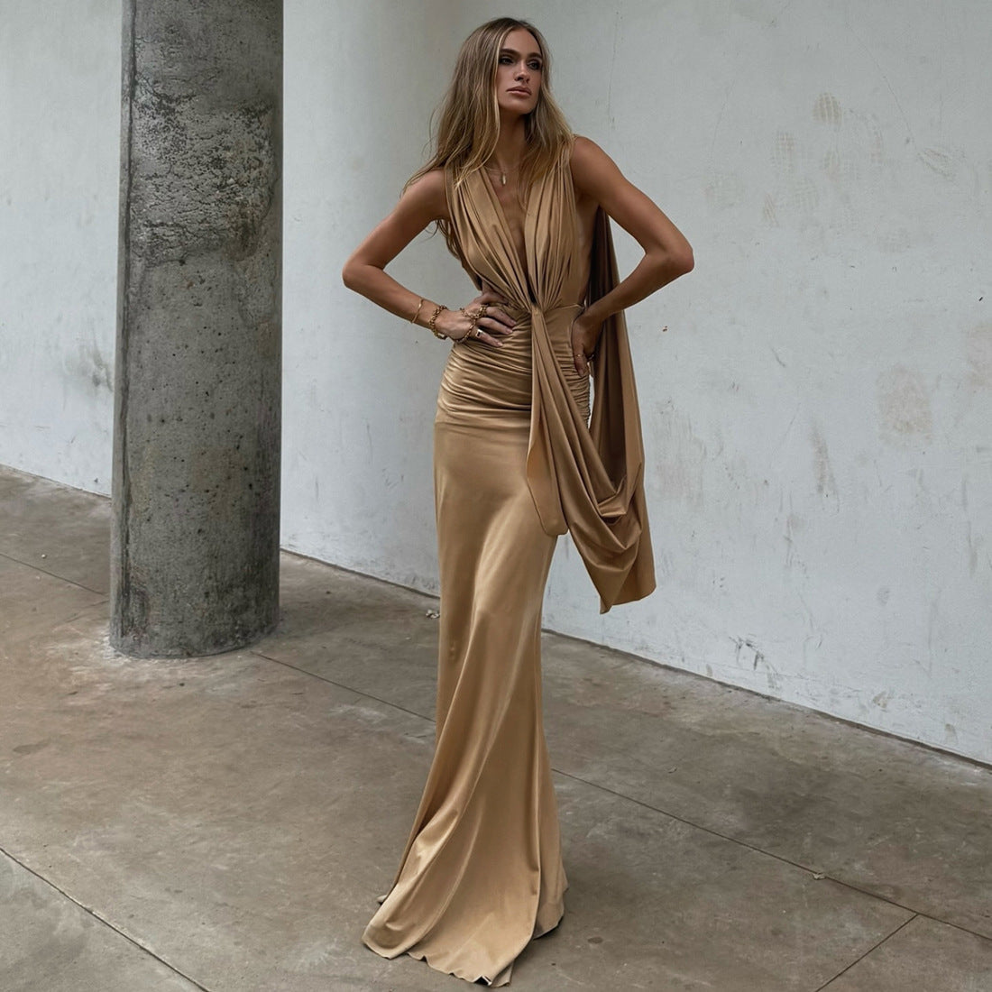 Autumn Winter Women Ribbon Pleated Deep V Plunge neck Sexy Slim Fit Backless Sheath Dress