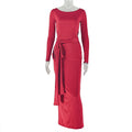 Arrival Lace up Slimming Pleated round Neck Dress Solid Color Tight Long Sleeve Tight Waist Hip Dress