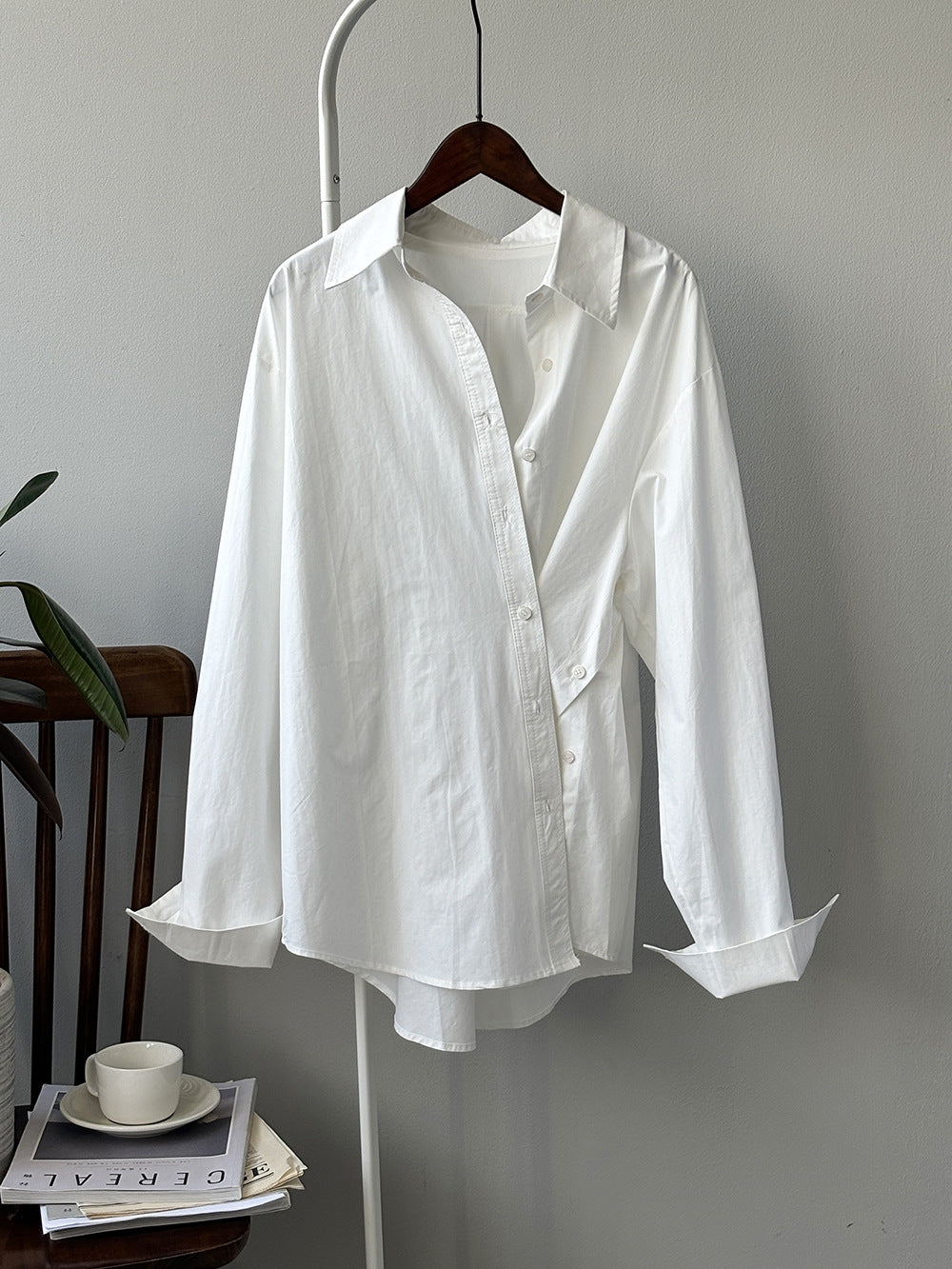 Irregular Asymmetric Side Slit Diagonal Button Shirt Women Autumn Korean Minimalist Long Sleeve Top