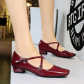 Dating Cross Women Strap Shoes Square Head Chunky Heel Metal Shiny Patent Leather Hollow Out Cutout out Pumps