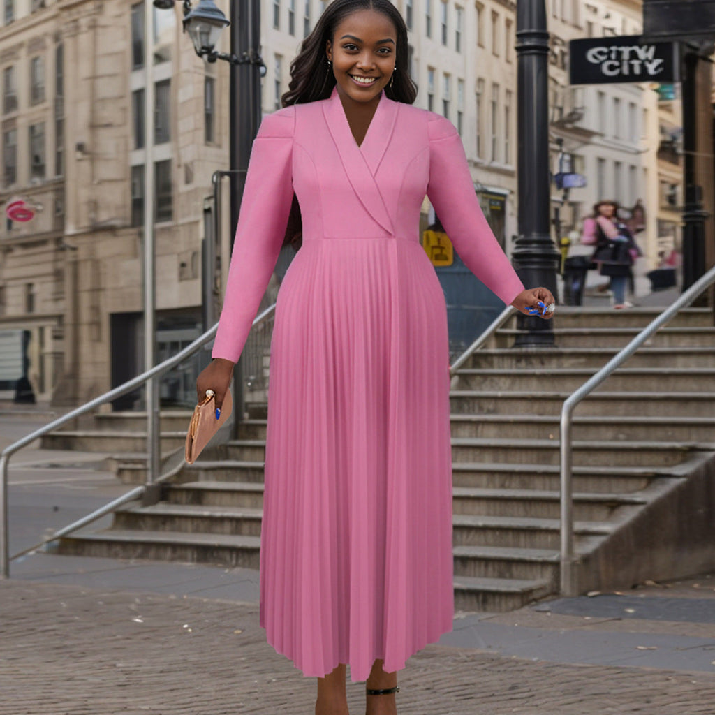 Elegant Slightly Mature Tailored Collar Dress Workplace Office Shopping Pleated Dress