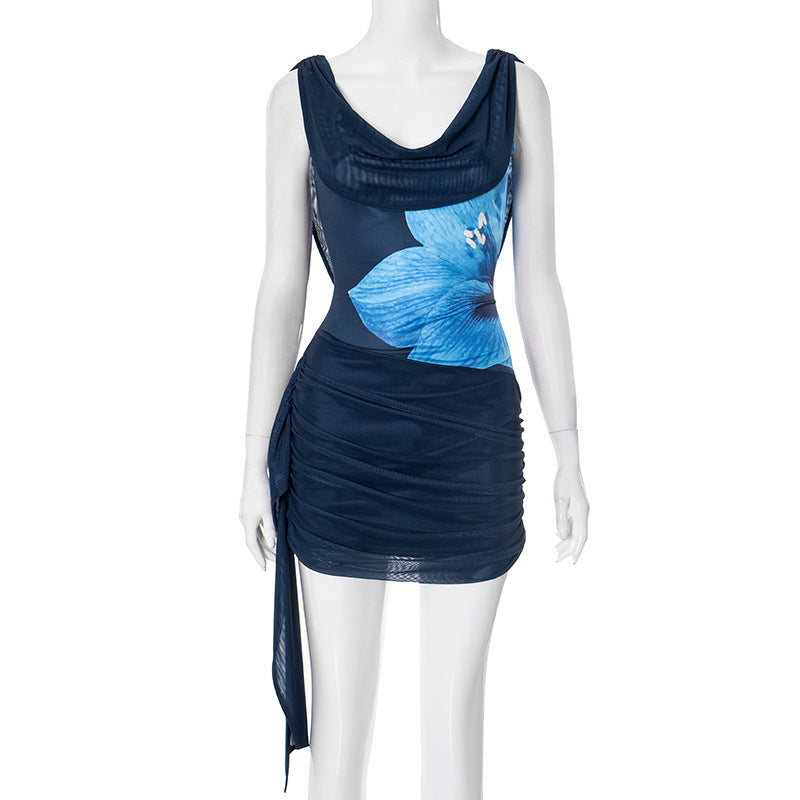Summer Sexy Backless Swing Collar Printed Side Streamer Sheath Dress