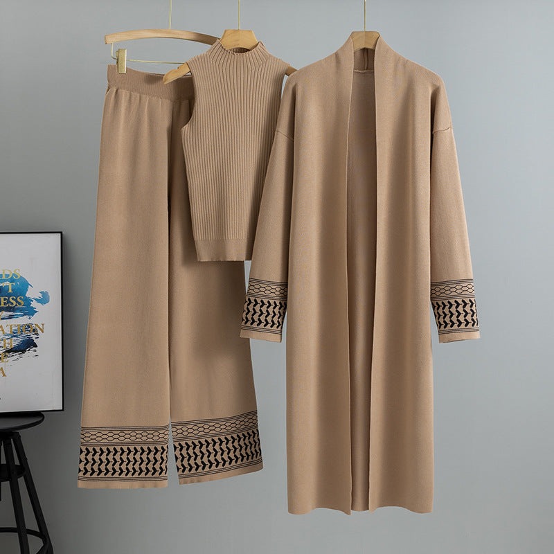 Autumn Winter Middle East Elegant Graceful Cardigan Robe Knitted Wide Leg Pants Three Piece Set for Women