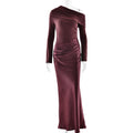Women Clothing Mori Adult Lady like Woman Elegant Formal Dress Diagonal Collar Long Sleeve Slim Fit Sexy Fishtail Dress