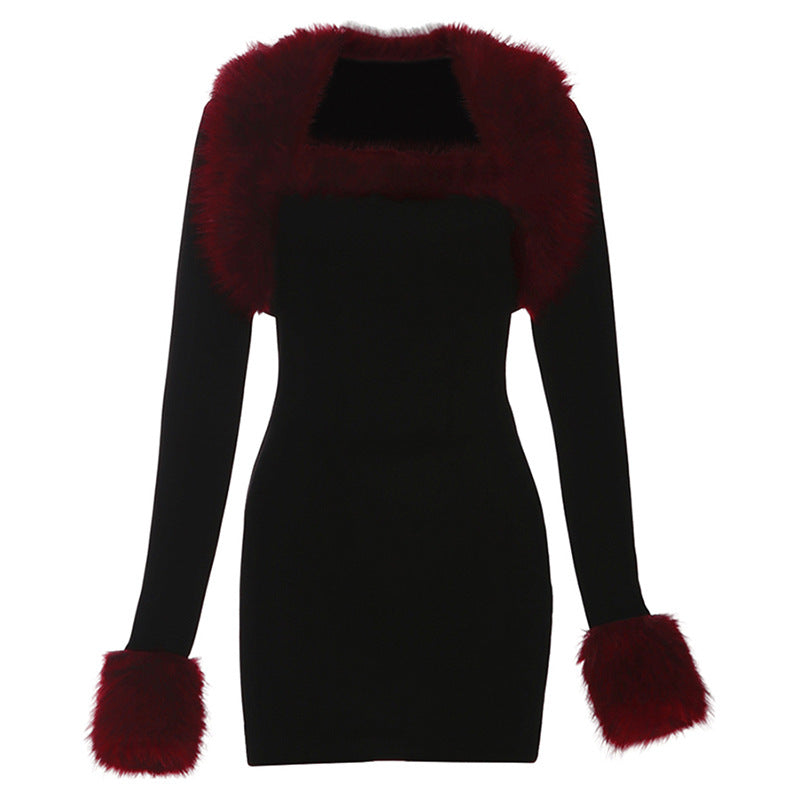 Autumn Winter Women Clothing Sexy Dignified Sense of Design Plush Stitching Long Sleeve Narrow Dress Set for Women