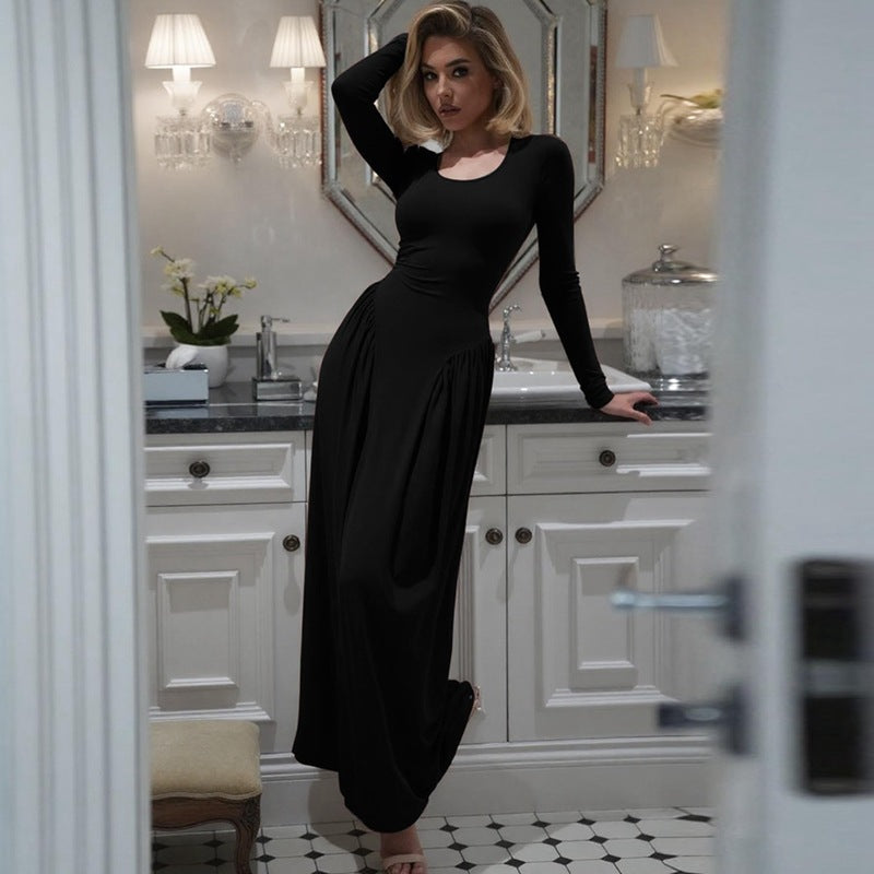 Women Autumn French U Shaped Collar Solid Color Long Sleeve Tied Waist Slimming Dress