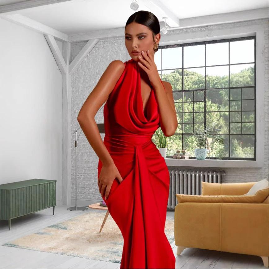 Sexy Slim Fit Slimming Halter Pendant Collar Backless Dress V-neck