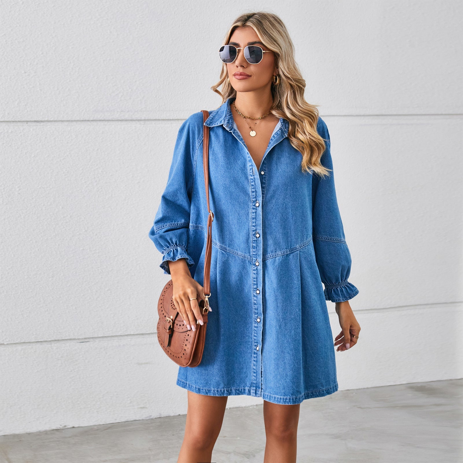Loose Washed out Long Sleeve Stitching Denim Dress Midi Dress for Women