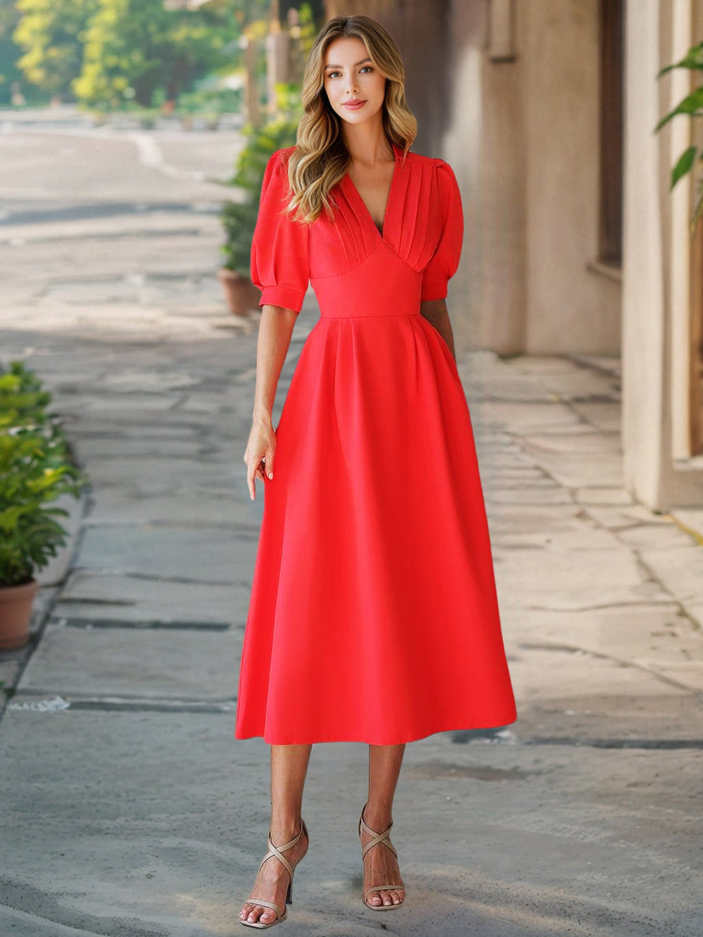 Summer Retro Solid Color V neck Lantern Sleeve Slim Fit Dress