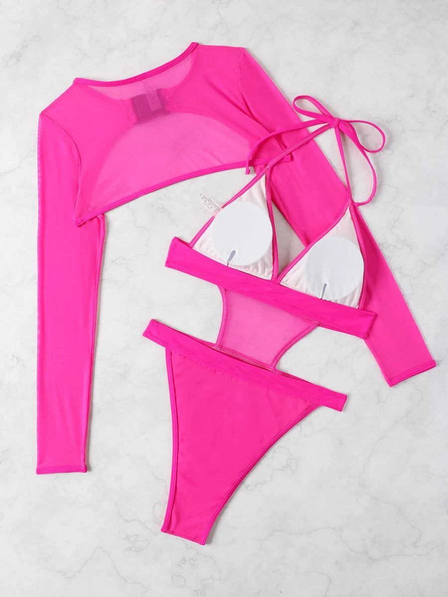 Solid Color Sexy Halter Multi Color Long Sleeve Blouse Sexy Swimsuit