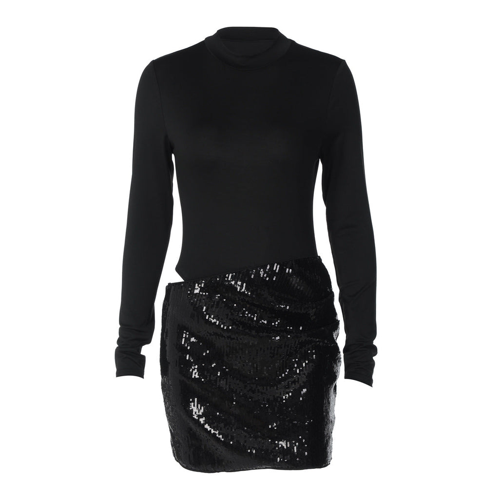 Women Clothing Autumn Winter Sexy Side Hollow Out Cutout out Stitching Slim Long Sleeve Dress
