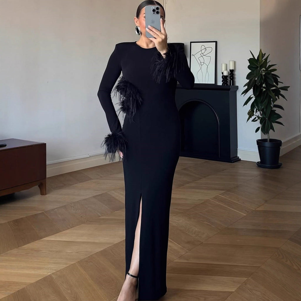 Women Maxi Dress Dignified Hollow Out Cutout Slim Feather Decoration Long Sleeve Autumn Winter Dress Women