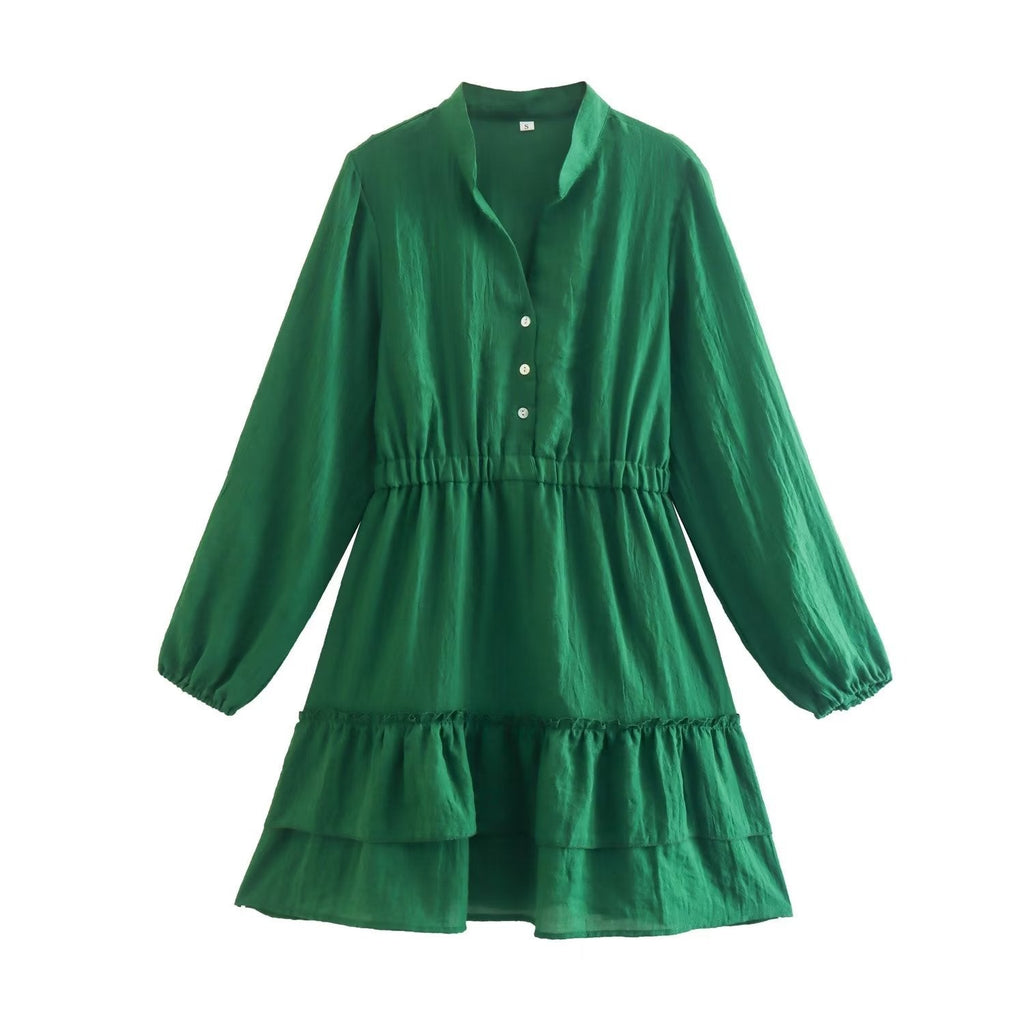 Winter Women Clothing Stand Collar Solid Color Double Fold Ruffled Laminated Long Sleeve Dress