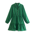 Winter Women Clothing Stand Collar Solid Color Double Fold Ruffled Laminated Long Sleeve Dress