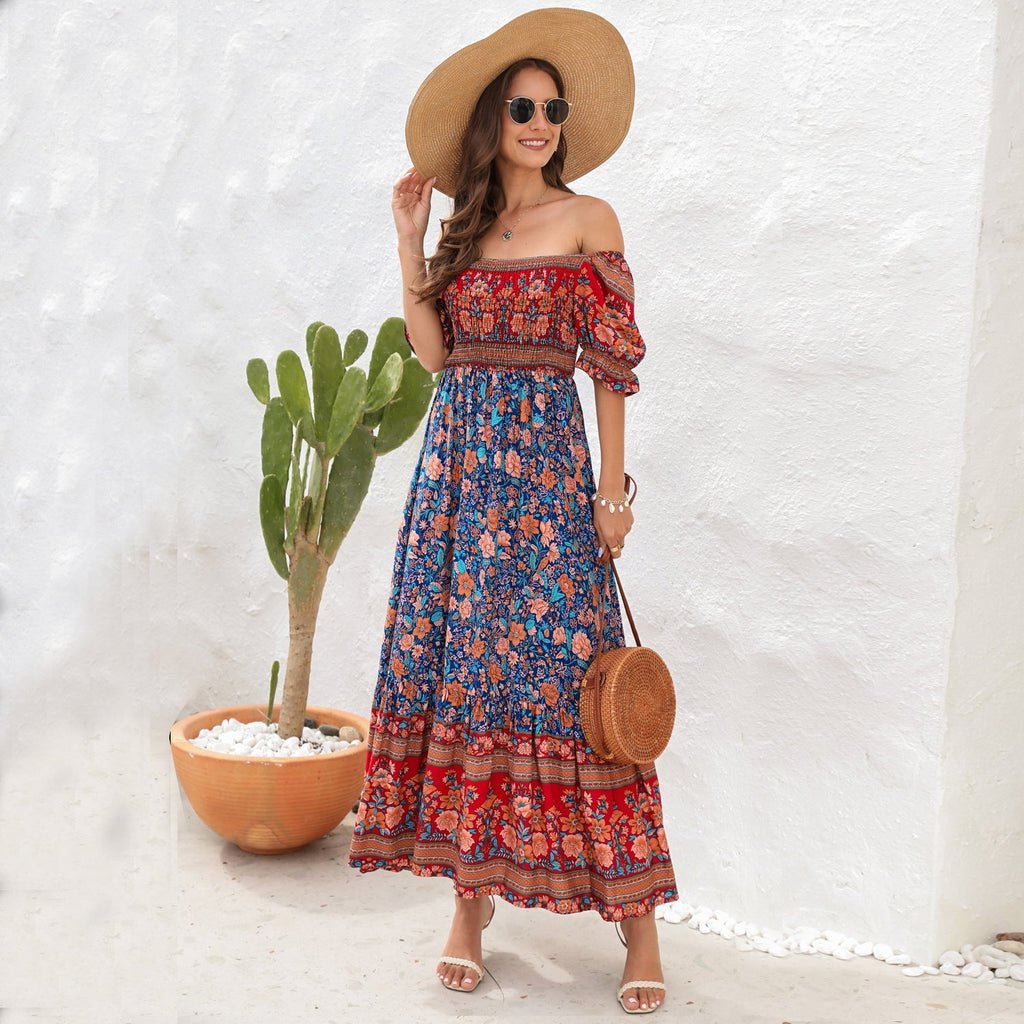 Bohemian Beach Holiday Dress off Shoulder Puff Sleeve Floral Mid Length Dress