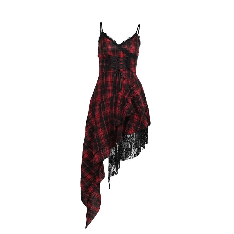 Summer Sling Dark Irregular Asymmetric Stitching Hem Plaid Dress Women