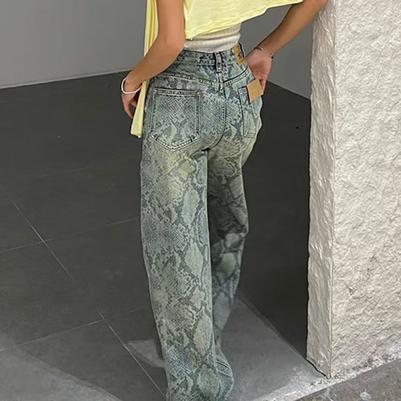Casual Street Snake Print Jeans Women Autumn High Waist Slimming Washed Drooping Straight Pants