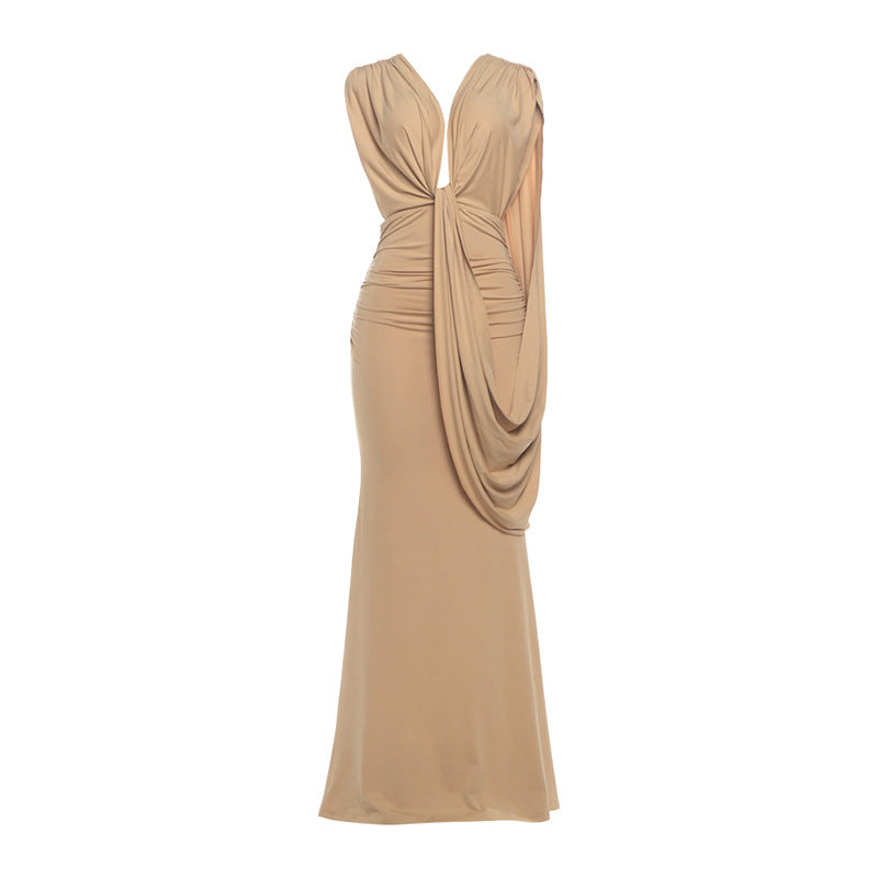 Autumn Winter Women Ribbon Pleated Deep V Plunge neck Sexy Slim Fit Backless Sheath Dress