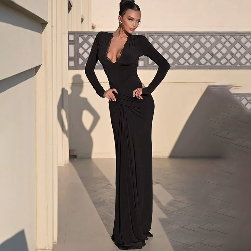 Women Clothing Autumn Slim Waist Twisted Solid Color Long Sleeve Dress Women