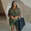Women Clothing Summer Sweet Lace Stand Collar Short Sleeve Shirt High Waist Shorts Two Piece Sets