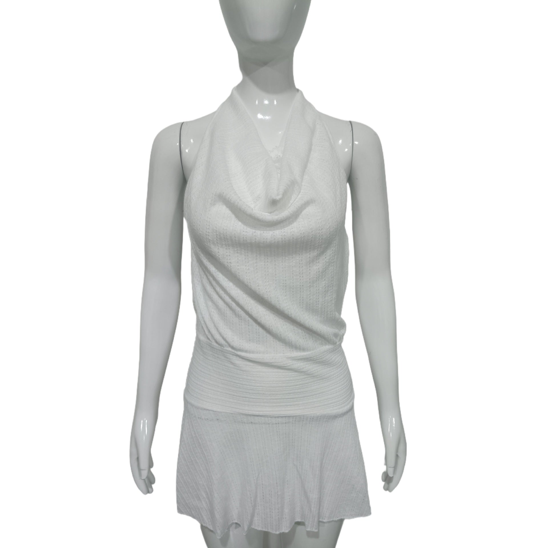 Sexy Swing Collar Dress Women Summer White Halter Backless Faux Two Piece Waist A line Dress
