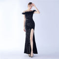 Velvet Bottom Sequin Craft Order Ostrich Hair off-Shoulder High End Evening Dress