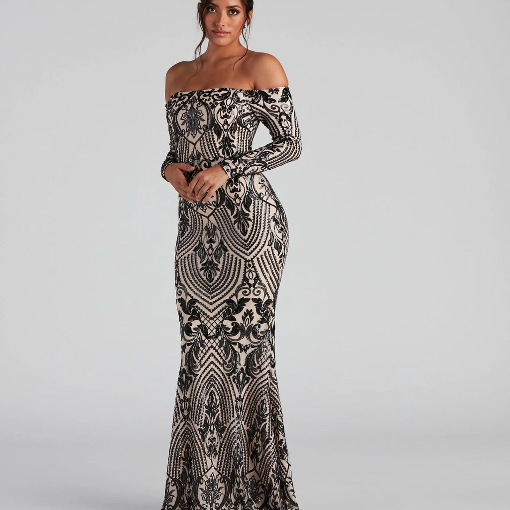 Women Elegant Sequ Sexy off Neck Dress Cocktail Evening Maxi Dress