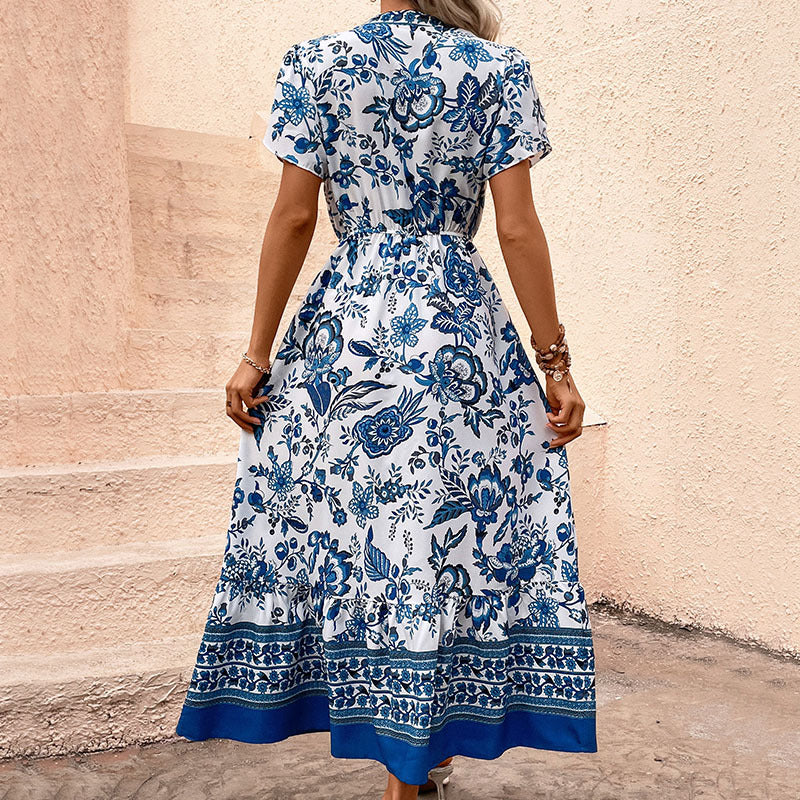 Summer Women Clothing Blue Printed Dress Slimming