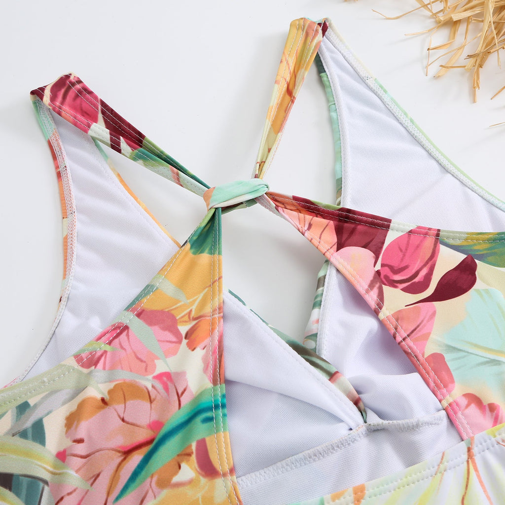 One Piece Swimsuit Women Conservatively Thin Vintage Printed Hard Bag Swimsuit with Steel Bracket Tulle Skirt