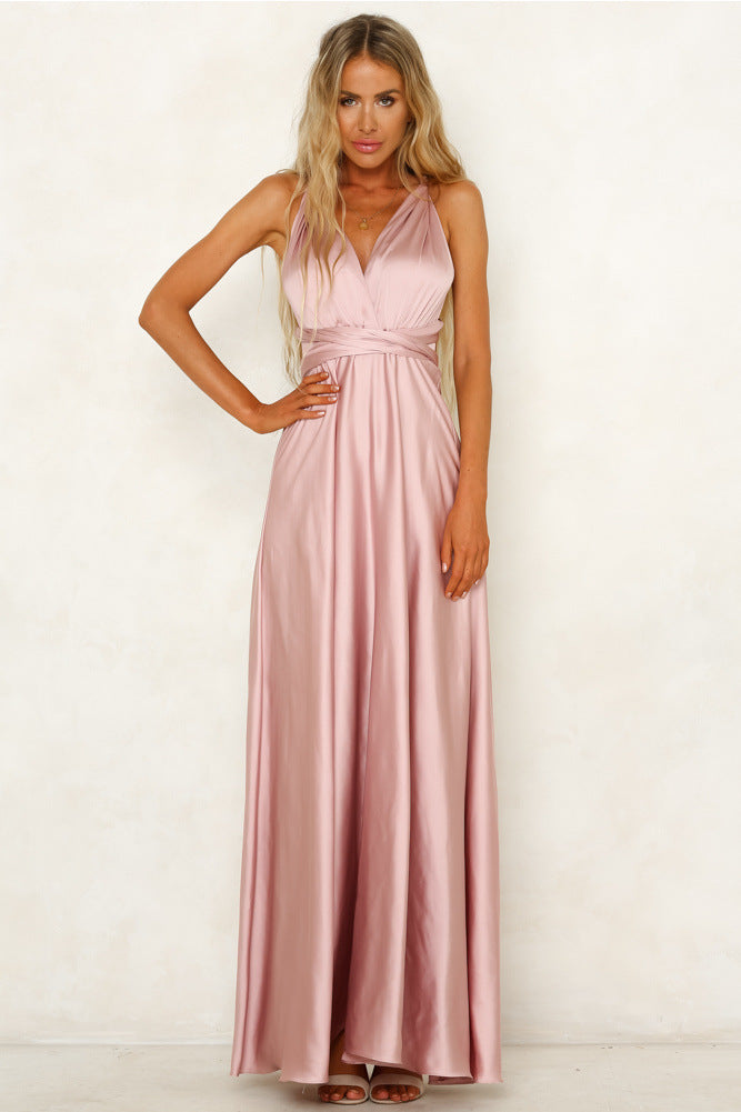 Spring Summer Solid Color Lace-up V-neck Sexy Women Clothing Backless High Waist Dress Maxi Dress Maxi