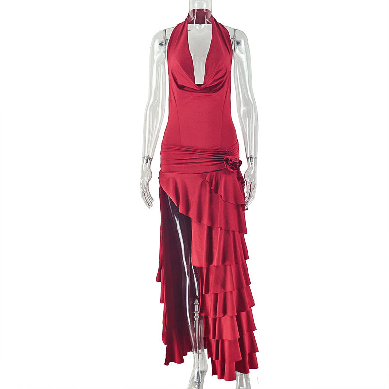 Women Clothing Ruffled Split Solid Color Elegant Asymmetric Dress Swing Collar Waist Formal Dress