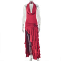 Women Clothing Ruffled Split Solid Color Elegant Asymmetric Dress Swing Collar Waist Formal Dress