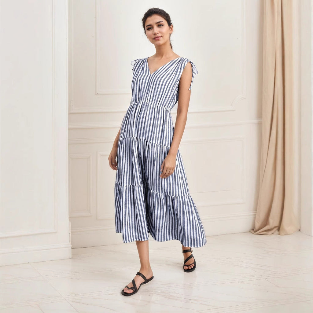 High Grade Blue White Striped Sleeveless Dress Summer off the Shoulder Waist Slimming Dress V neck Casual Dress